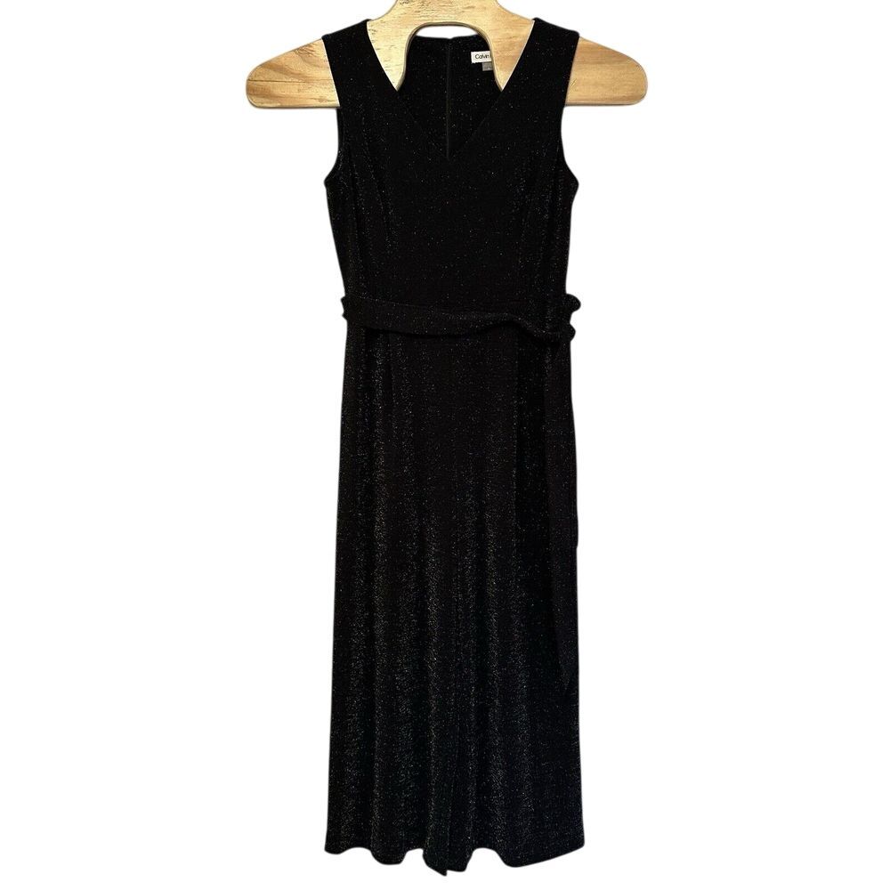 Calvin Klein Women's 10 Black Belted Wide Leg Jumpsuit Glitter Metallic V Neck